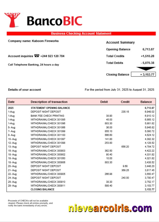 Banco BIC business account statement